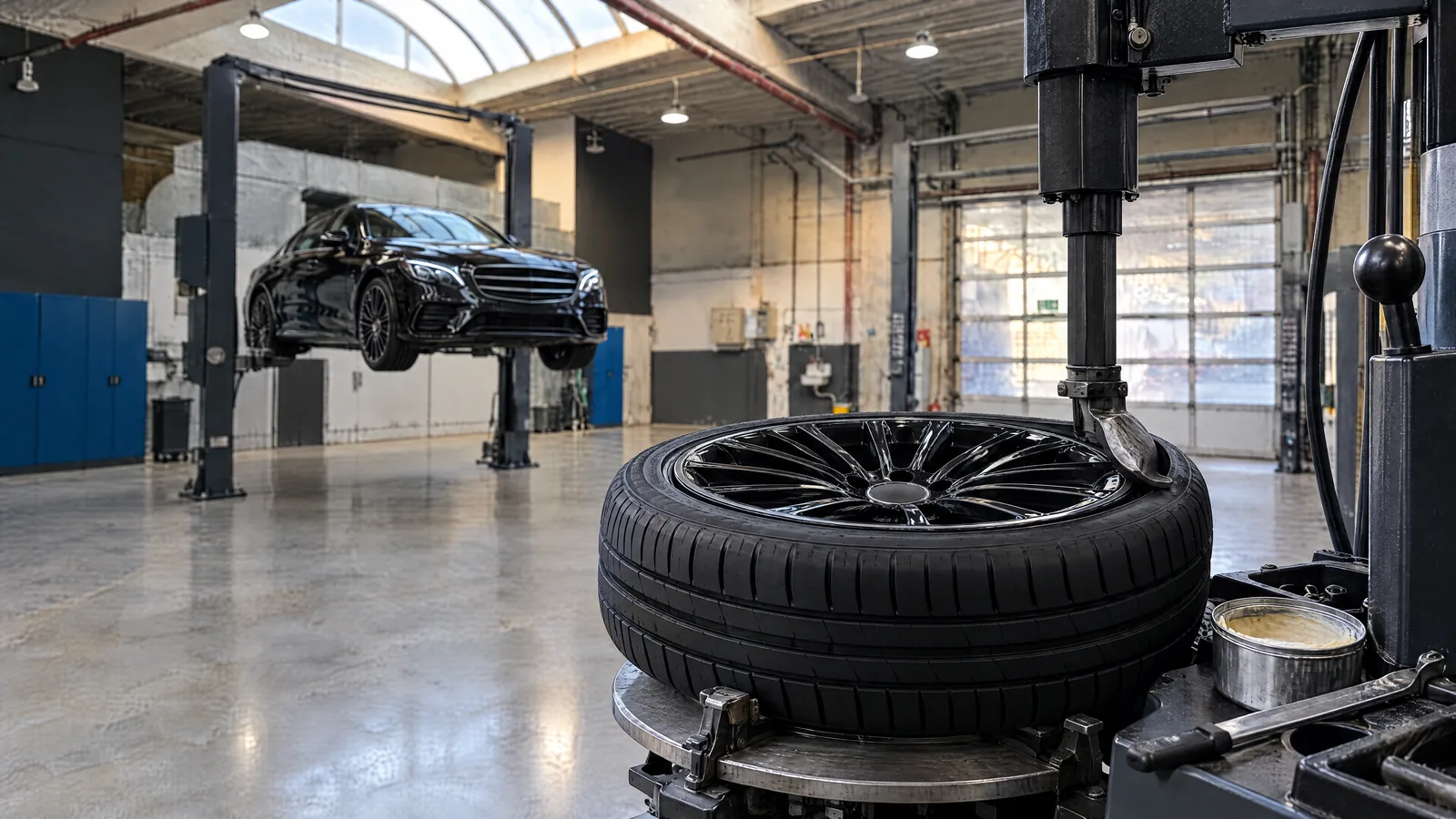 Reifenwechsel in unserer Werkstatt: ein Rad auf der Montiermaschine, dahinter die Hebebühne mit einer schwarzen Limousine.